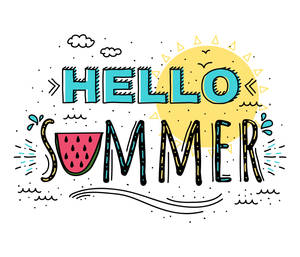 帶有西瓜和太陽插圖的hello summer文字