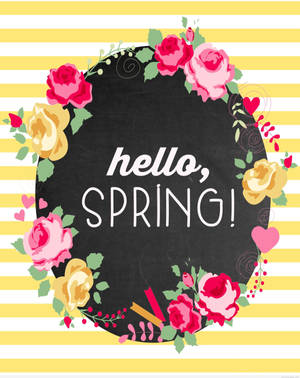 在黑板上以白色文字寫的「Hello Spring」訊息，周圍環繞著色彩繽紛的花朵和心形。 — 花卉動畫 壁紙