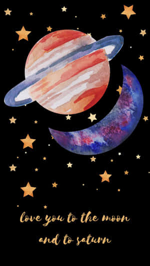 水彩風格的土星和月亮，帶有星星和浪漫文字。