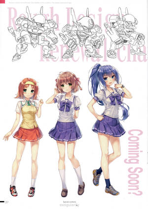 三個穿著校服的動漫女孩，身後有機械人設計草圖。