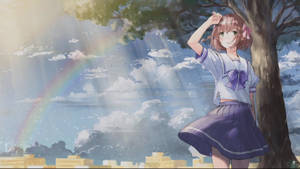 穿著校服的動漫女孩在樹下，有彩虹和雲朵