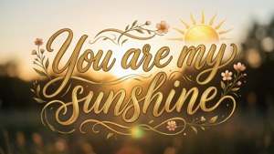 金色草書文字「You are my Sunshine」，配有花朵和太陽。