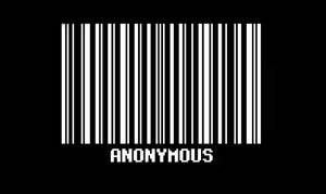 黑色背景上的白色條碼，像素化文字顯示 anonymous。
