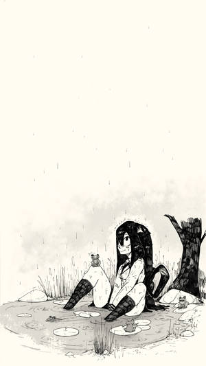 動漫女孩坐在雨中的池塘邊，有青蛙和睡蓮。 — 動漫女孩 壁紙