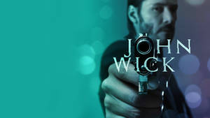 一個男人用手槍瞄準觀眾，背景是藍綠色和紫色，帶有「JOHN WICK」文字。
