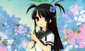 穿著校服的動漫女孩站在五顏六色的花朵中