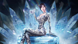 一位身穿水晶套裝的女性坐在發光的水晶王座上，被冰柱環繞。 — Studio Display 壁紙