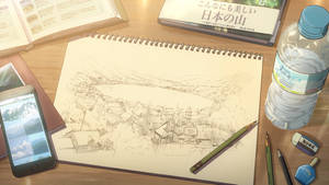一幅鉛筆素描嘅山村，放喺有美術用品同水樽嘅枱上。