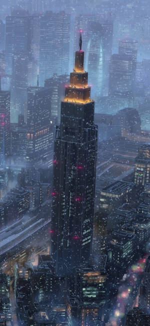 雪落在未來主義的城市景觀上，夜晚中一座發光的摩天大樓。 — 東京 壁紙