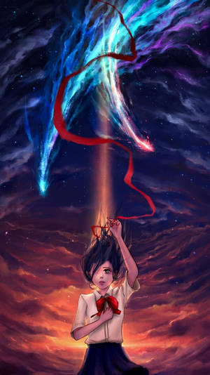 穿著校服的女孩在宇宙天空下拿著發光的紅色絲帶