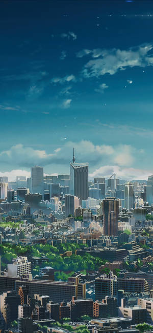動漫城市天際線，高樓大廈和綠色公園，在晴朗的藍天下。
