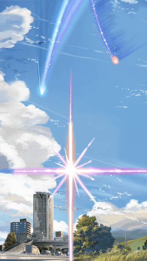 藍天下帶有發光宇宙射線和星爆效果的動漫城市。 — 你的名字 GIF 壁紙