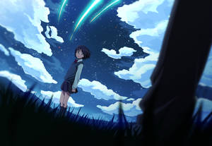 動漫女孩穿著校服，站在草地上，星空下，有綠色流星。