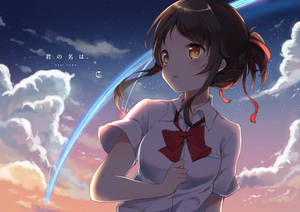 穿著校服的動漫女孩在黃昏天空下與彗星