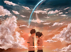 兩個動漫青少年喺發光嘅天空下企得好近，有宇宙軌跡。