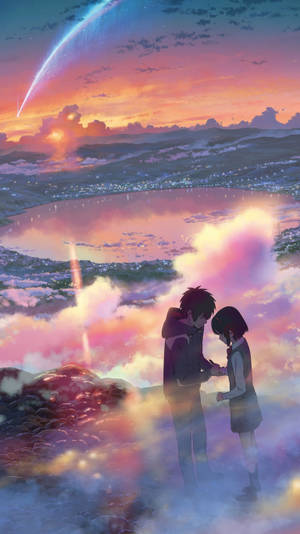 兩個動漫角色在夕陽下的懸崖上牽手，背景是發光的湖泊和彗星。