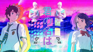 兩個穿著校服的動畫學生在色彩繽紛的故障背景前互相面對，帶有日文字。 — 可愛動漫女仔 壁紙