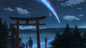 夜晚在鳥居下觀看流星雨的家庭。 — 魔道祖師 壁紙