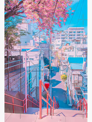 動畫風格的城市小巷，有櫻花和紅色欄杆，藍天。 — 宿儺 壁紙