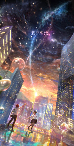 兩個動漫青少年在霓虹城市景觀上方的星空宇宙天空下滑冰。 — 日本龍動畫 壁紙
