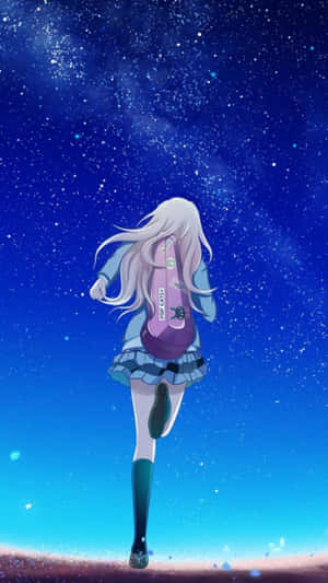 白發動漫女孩在星空下奔跑，手持紫色小提琴。