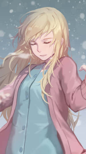金髮動漫女孩穿粉紅色外套站在飄雪中，表情平靜。