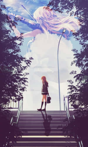 樓梯上的女孩仰望在天空中拉小提琴的巨型動漫女孩。