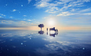 星空下，太陽與水面漂浮的樹和鋼琴的剪影。