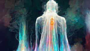 發光半透明人體的背面視圖，帶有脈輪符號，被彩色能量包圍。