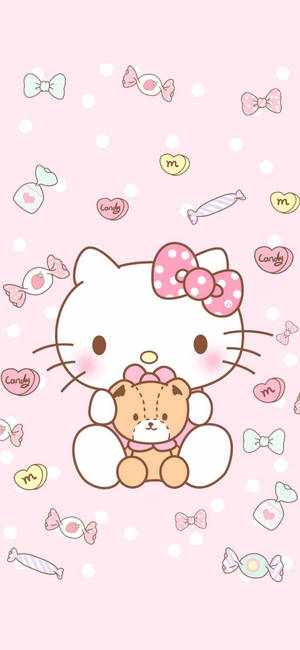 Hello Kitty 抱著泰迪熊，伴隨著糖果和蝴蝶結，在粉紅色背景上。