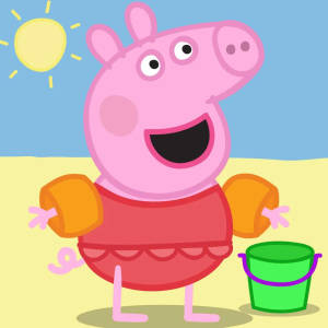 Peppa Pig 喺沙灘上，帶住手臂浮圈同水桶，喺猛烈陽光下。