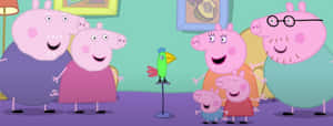 Peppa Pig 一家觀看綠色鸚鵡在室內表演。
