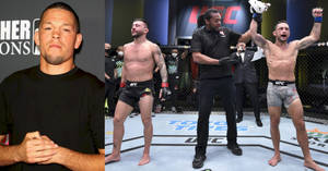 UFC拳手在八角籠中贏得比賽，裁判舉起他的手。