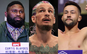 三位帶有強烈表情和紋身的男性UFC拳手。