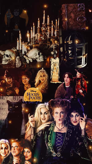Hocus Pocus女巫在黑暗的燭光魔法場景中，配有骷髏和道具。