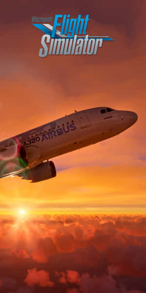 在Microsoft Flight Simulator中，空中巴士A320在日出時飛越雲層。 — 18:9 壁紙