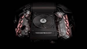 Corsair Series CPU散熱器，在黑暗引擎艙中帶有粉紅色燈光和黑色風扇。