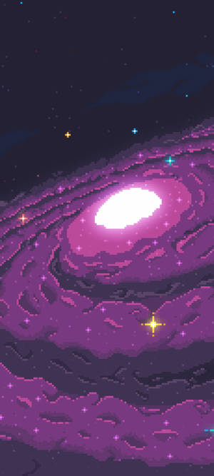 像素化紫色星系，在深空中帶有發光的星星 — Pixel 9 壁紙