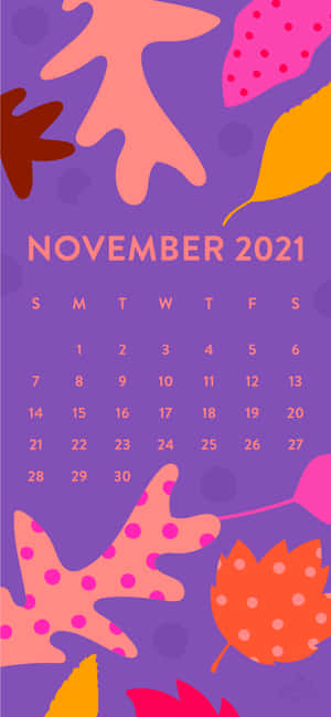 2021年11月日曆，紫色背景上有色彩繽紛的秋葉。