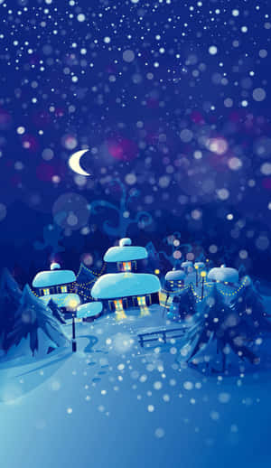 新月下雪覆蓋村莊的夜晚，發光的窗戶和飄落的雪。