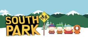 四個南方公園角色穿著冬季外套，站在有山脈的雪景中。