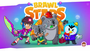 色彩繽紛的卡通風格《Brawl Stars》遊戲角色為戰鬥擺姿勢。 — 卡通網絡角色 壁紙
