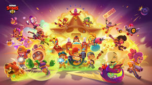 《Brawl Stars》角色在發光星形競技場周圍擺出多彩動作姿勢。 — 搏擊會 GIF 壁紙