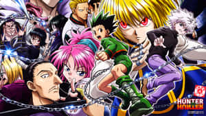 來自《Hunter x Hunter》的動畫角色，以發光鎖鏈擺出動態戰鬥姿勢。 — 動漫打鬥 壁紙