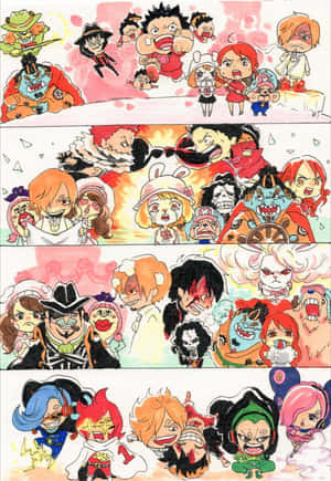 來自《One Piece》的Q版動漫角色，以四個漫畫面板呈現，色彩大膽，表情豐富。 — 龍貓 壁紙