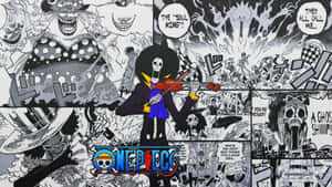 《One Piece》漫畫面板，骷髏拉小提琴，周圍環繞著幽靈和對話氣泡。