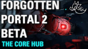 Portal 2 遊戲中的紅色傳送槍，在黑暗實驗室中帶有文字疊加。 — 傳送門 壁紙