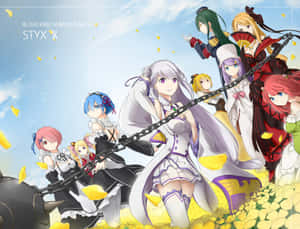 來自《Re:Zero》的動漫角色站在金色花瓣的田野中，在藍天下，一條鏈條橫跨場景。 — 你的名字 壁紙
