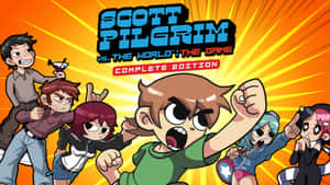 Scott Pilgrim 和他的盟友以動漫風格在明亮的橙色背景上舉起拳頭。 — 斯科特·皮爾格林 壁紙