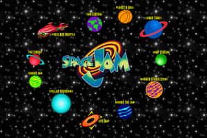 Space Jam 宇宙地圖，行星和位置漂浮在繁星點點的太空中。 — 賓尼兔 GIF 壁紙